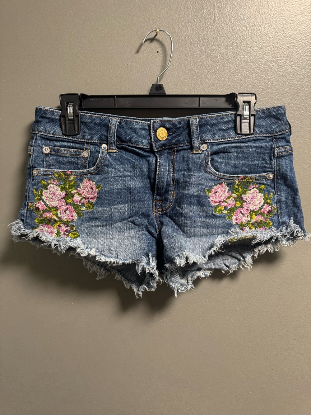 American Eagle Outfitters Denim w/ Pink Floral Embroidery Low Rise Booty Shorts
